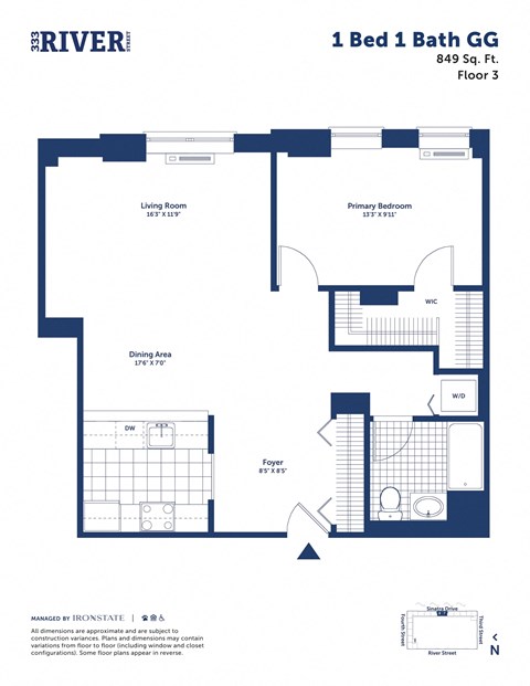 Floor plan for 1 bed, 1 bath, 849 sqft